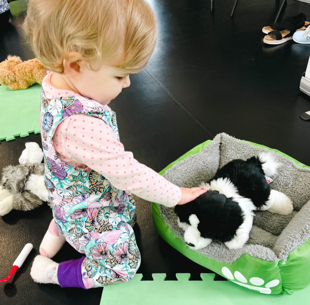 olaith stroking a dog toy in the vet area of play