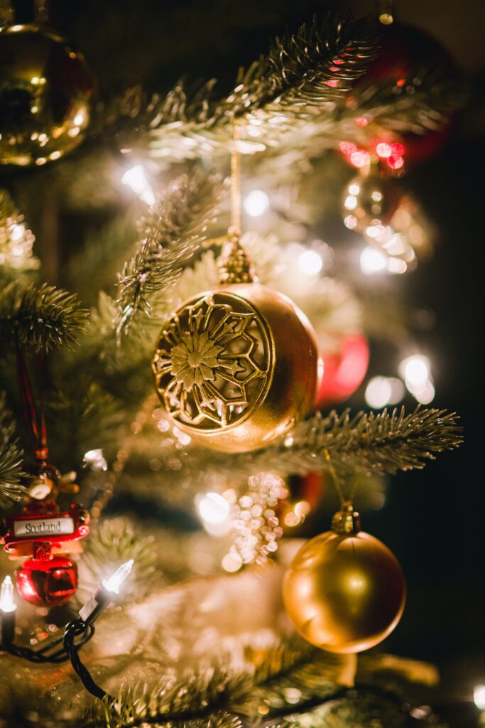 Close up of Christmas tree with baubles