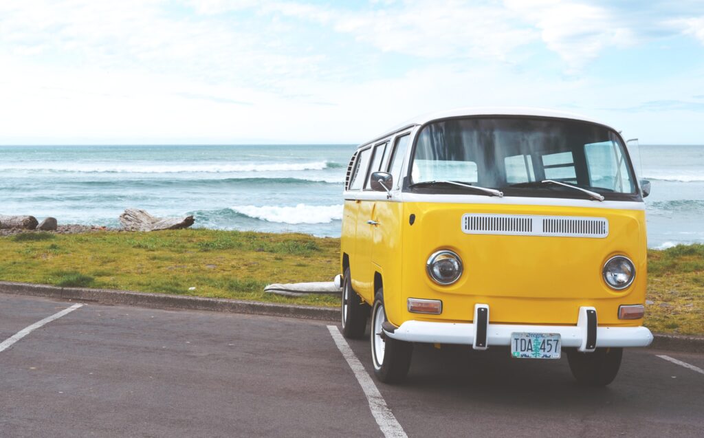 yellow camper at the seaside
