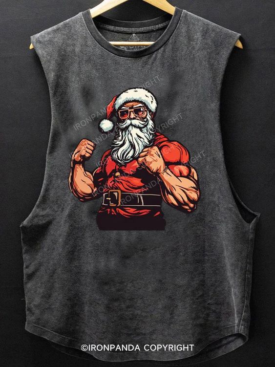 Santa lifting weight with big muscles on a shirt